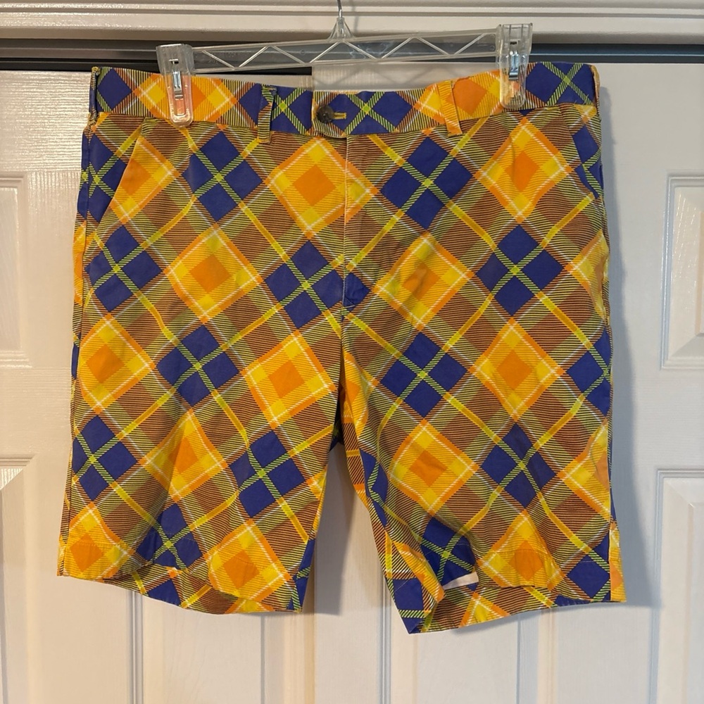 Loudmouth Golf Vibrant Yellow and Blue Flat Front Plaid Shorts